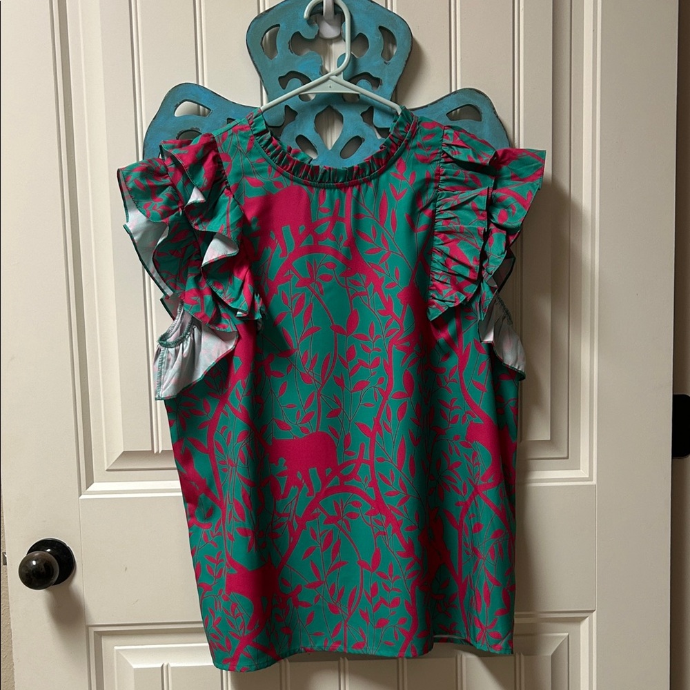 BiBi Teal and Pink Ruffle Sleeve Short Sleeve Top